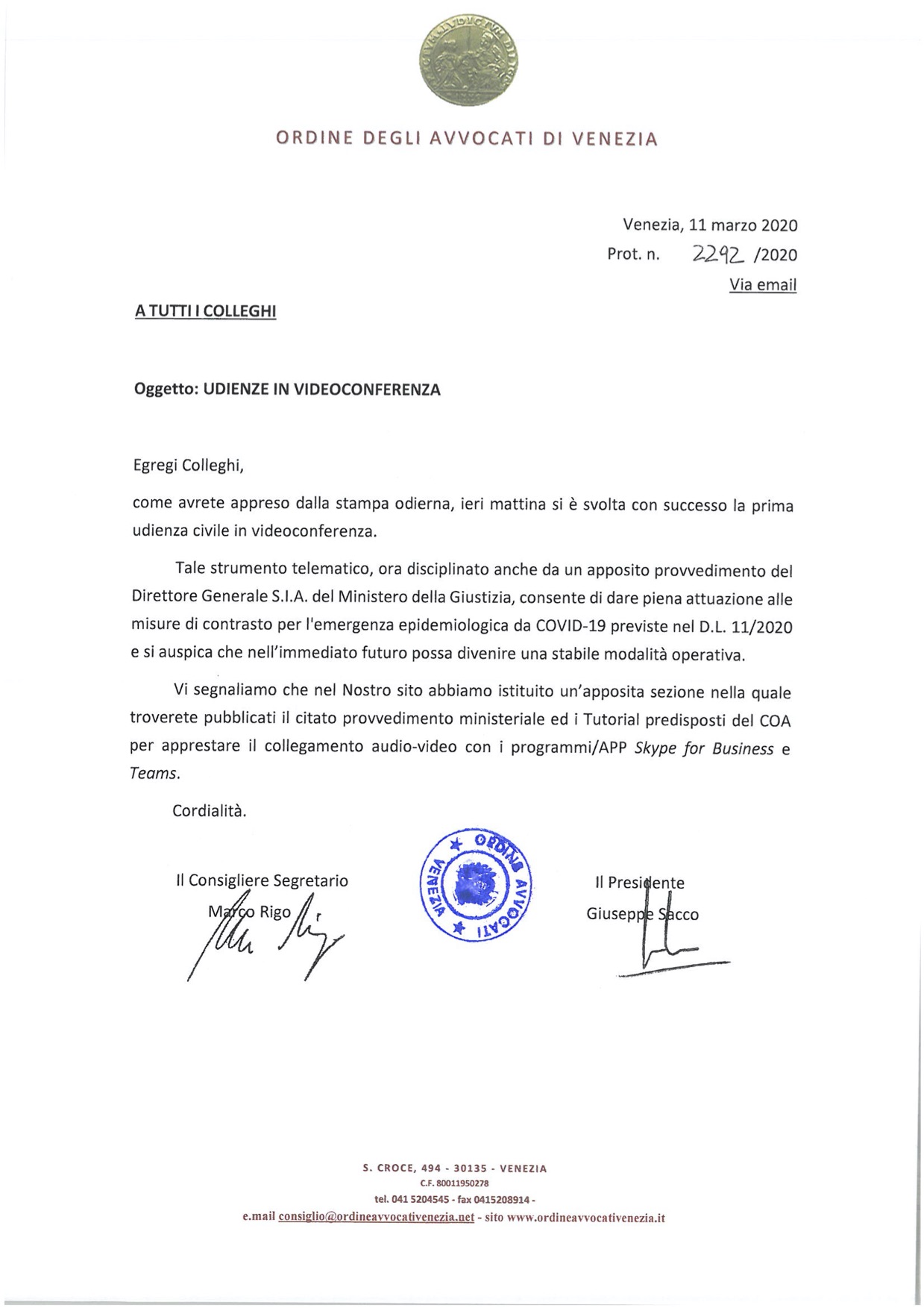 Comunicazione ordine Avvocati di Venezia sull'attivazione della possibilità di celebrare le udienze in videoconferenza dell'11.03.2020